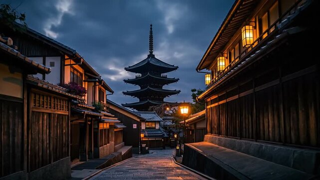 Traditional Japanese Pagoda Temple at Dusk illuminated by lantern light on a cobblestone street