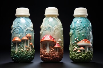 Obraz premium Bottles featuring detailed 3d sculpted mushroom and forest motifs for natural healthy branding