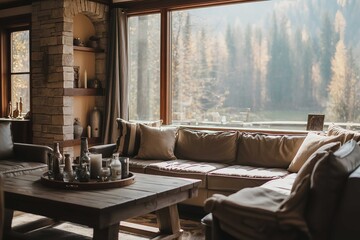 Fototapeta premium Cozy modern living room with a wooden coffee table and comfortable beige sectional sofa near a large window overlooking a serene forest landscape on a peaceful day.