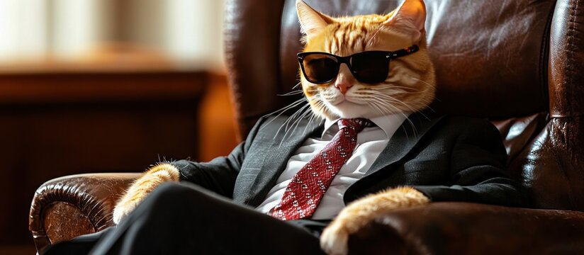 Ginger cat wearing a black suit, red tie, and sunglasses sitting confidently in a classic brown leather armchair.