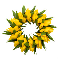 A beautiful circular arrangement of vibrant yellow flowers with green leaves
