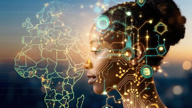 profile of African woman with glowing digital map of africa overlay