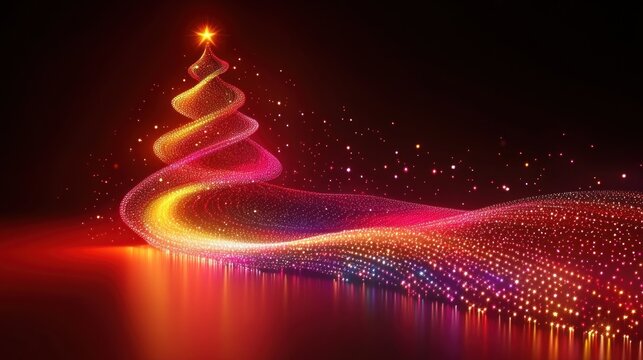 Abstract Christmas tree with glowing particles and vibrant light trail on reflective surface