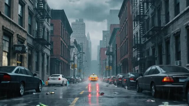 Rainy day in New York City, iconic yellow taxi driving down a wet street with buildings on either side