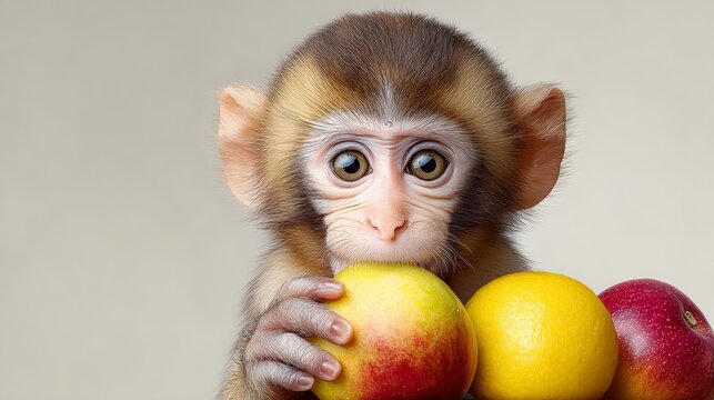 A baby monkey holding a bunch of fruit, including apples and oranges. The monkey appears to be curious and playful, as it is holding the fruit in its mouth