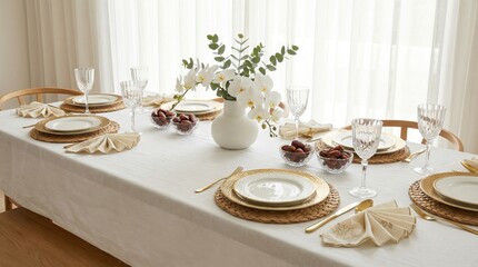 Fototapeta premium Long white linen tablecloth holds hammered gold rimmed porcelain plates crystal dates glasses and woven palm leaf runners.