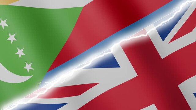 Two waving flags Comoros and United Kingdom with diagonal lightning seamless, 4k loop