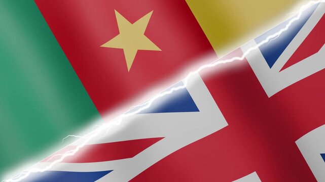 Two waving flags Cameroon and United Kingdom with diagonal lightning seamless, 4k loop