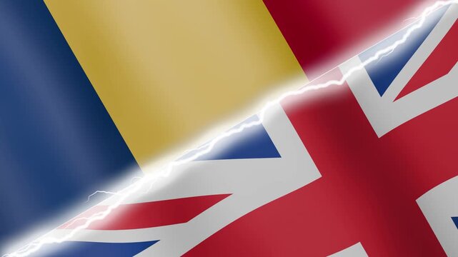 Two waving flags Chad and United Kingdom with diagonal lightning seamless, 4k loop