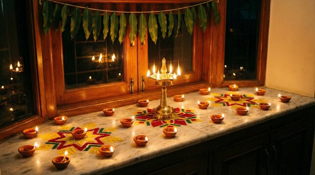 Bay window ledge crowded with glowing terra cotta diyas brass oil lamp and rangoli stenciled on marble sill in vibrant patterns.