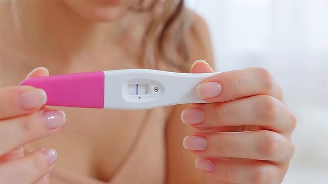 Woman holding pregnancy test with positive result