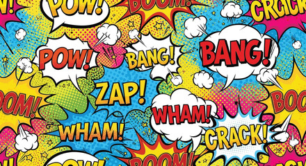 Obraz premium Vibrant comic book explosion sound effects bursting with energy and creativity