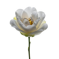 A delicate white flower with a vibrant yellow center blooming in full glory