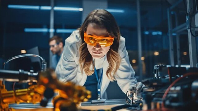 Focused female scientist in safety goggles working on advanced technological equipment in a modern laboratory setting, science research concept