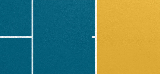 Top view tennis court surface detail with blue and yellow playing areas and clean white line markings