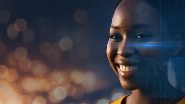 profile of African woman with glowing digital map of africa overlay