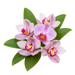 A delicate bouquet of pink and white orchids with green leaves