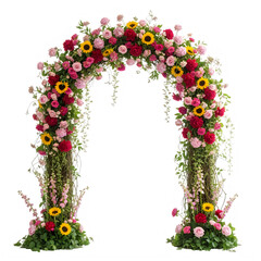 Colorful floral archway with vibrant flowers and lush greenery
