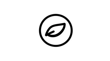 A simple, black-and-white icon depicting a leaf within a circle, set against a white background