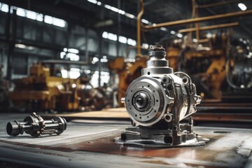 Metal industrial machine part on a workbench in a manufacturing factory