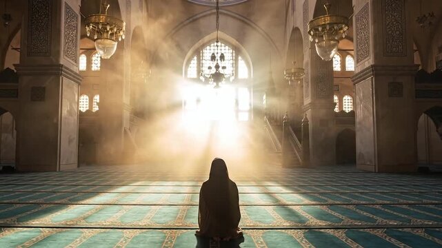 A Solitary Figure Kneeling in Prayer Inside a Grand Mosque Bathed in Divine Sunlight