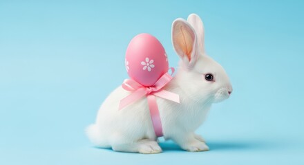 Obraz premium White rabbit carrying pink Easter egg on blue background