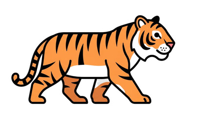 Tiger illustration walking to the right with striped fur and walking posture depicted in a simple graphic style © Stock Image Paradise