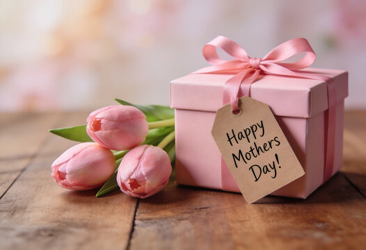 Pink gift box tied with ribbon and tulips, mothers day celebration, mom present, wooden surface wallpaper