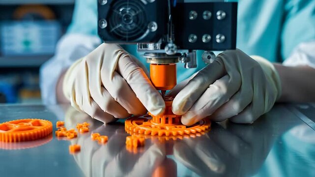 Close-up of hands in gloves operating a 3D printer, producing an orange gear, showcasing technological innovation and advanced manufacturing processes