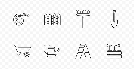 Gardening set icon. Line icons showing hose, fence, rake, shovel, wheelbarrow, watering can, ladder, and planter box with sprouts