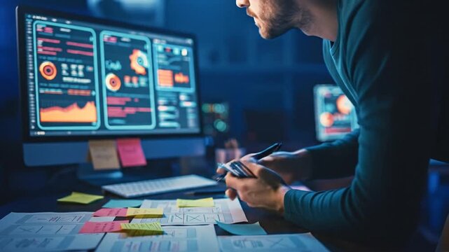man working on computer displaying charts and graphs at desk with papers