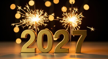 Gold 2027 numbers with sparkling fireworks on dark background