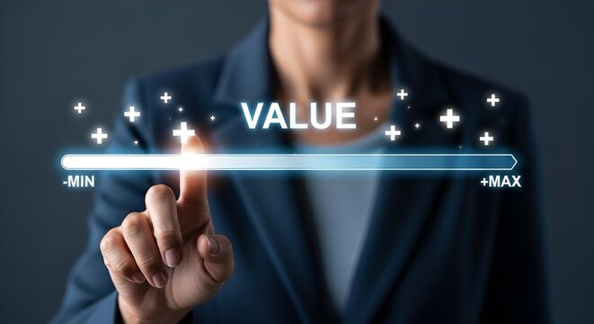 Businesswoman interacts with a digital interface to precisely adjust and maximize customer value perception on a futuristic glowing bar graph.