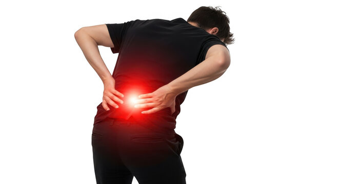 A person experiencing severe back pain with a glowing red area on their lower back transparent background 