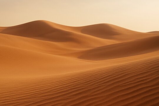 Serene desert dunes under soft golden light with abstract flowing shapes and textured sand patterns, ideal for natural background concept. Ai generative