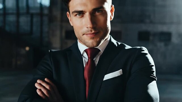 Portrait of a confident businessman in a dark suit and red tie, arms crossed, looking at the camera