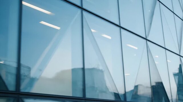 Abstract close up of a modern glass building facade with geometric reflections and soft blue gradients representing corporate architecture, urban development, and professional business infrastructure.
