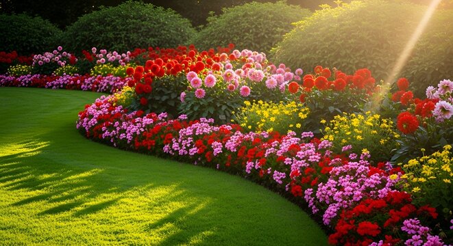 Lush colorful flower border featuring vibrant red pink and yellow blooms alongside perfectly manicured green lawn during sunny afternoon light