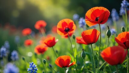 Obraz premium Vibrant Red Poppies Blooming in a Lush Green Meadow Under Soft Sunlight, a Serene and Peaceful Nature Scene