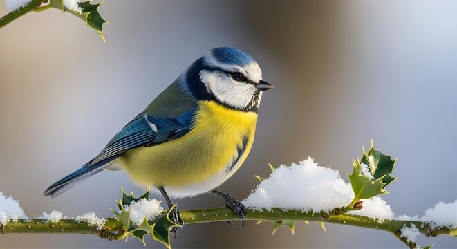 Blue Tit on Snowy Holly Branch