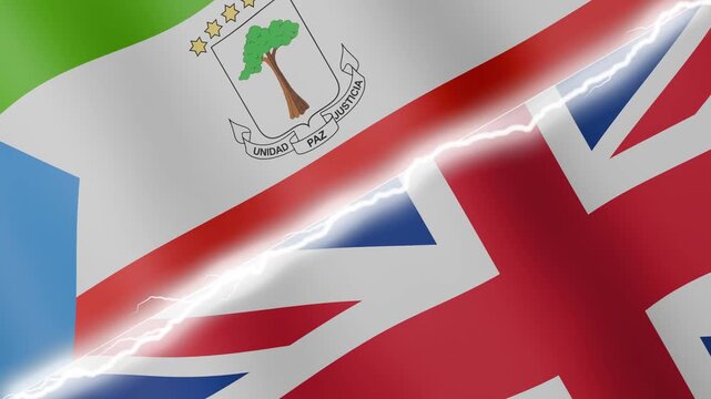 Two waving flags Equatorial Guinea and United Kingdom with diagonal lightning seamless, 4k loop