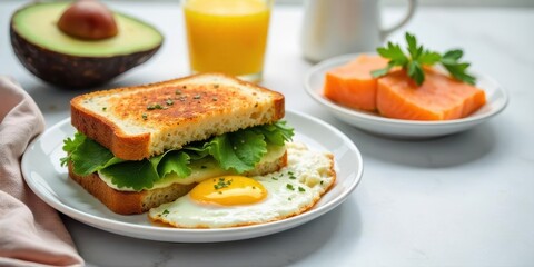 A delightful breakfast featuring a toasted sandwich layered with greens and cheese, accompanied by a fried egg, sliced salmon, avocado, and a glass of orange juice
