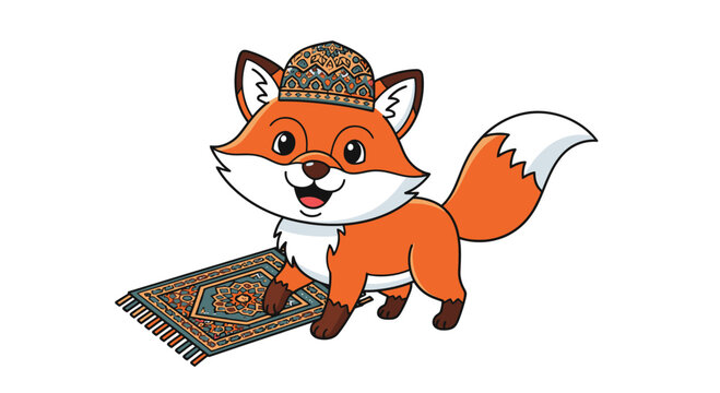 Cute Fox Wearing Prayer Cap on Prayer Rug