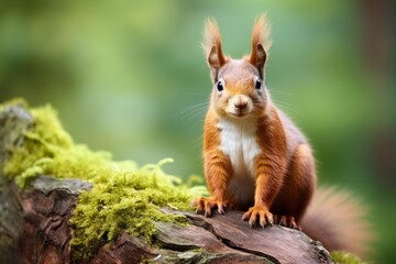 Obraz premium Red squirrel with tufted ears sitting on a moss covered log in a forest habitat