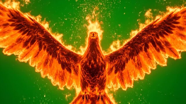 Majestic phoenix rising with flaming wings, mythical fire bird soaring on green screen background, legendary fiery eagle with burning feathers