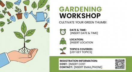 Gardening workshop poster with hand holding plant and gardening tools