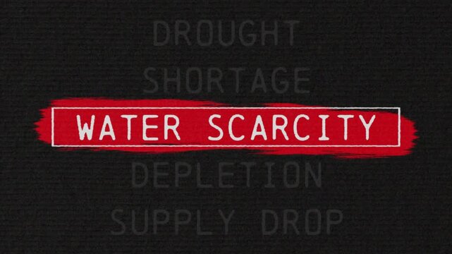 Water scarcity scrolling text sequence with documentary style title animation for news topic and trend