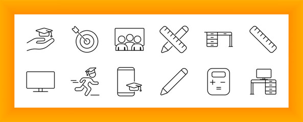 Education and school set icon. Graduation cap, target, pencil, ruler, calculator, desk, chalkboard, online learning, student run, and classroom elements outlined in academic theme.