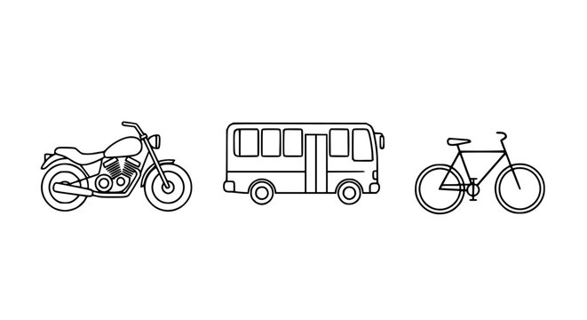 Clean and modern vector illustration featuring three essential transportation icons: a motorcycle, a bus, and a bicycle, ideal for travel, commute, and urban design projects.