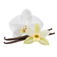 A close-up view of a single white orchid flower with vanilla beans